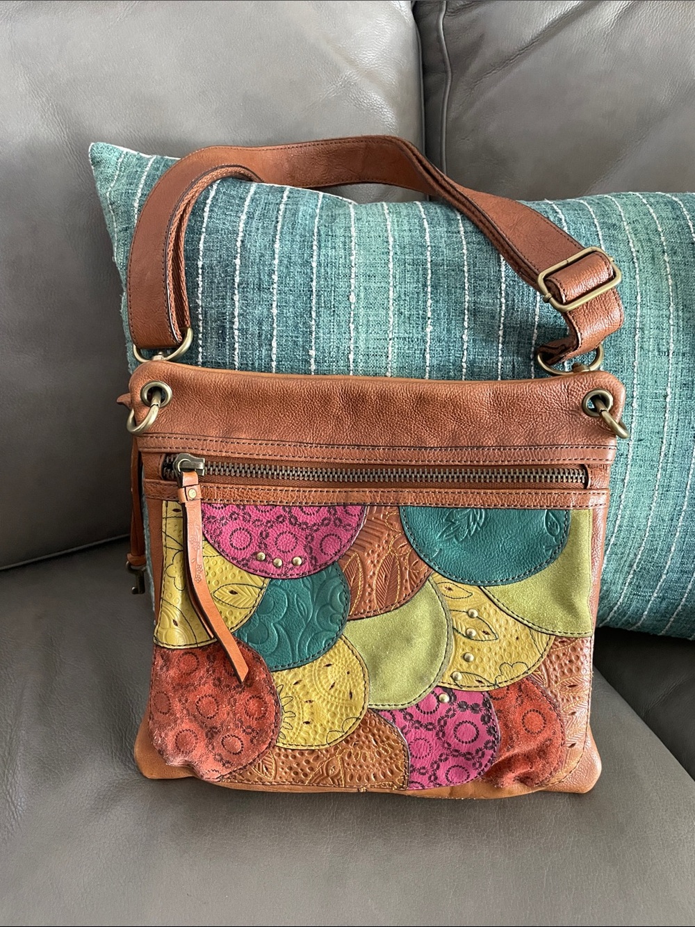 Fossil Patchwork Multicolor Leather Crossbody Bag - Tan Trim
